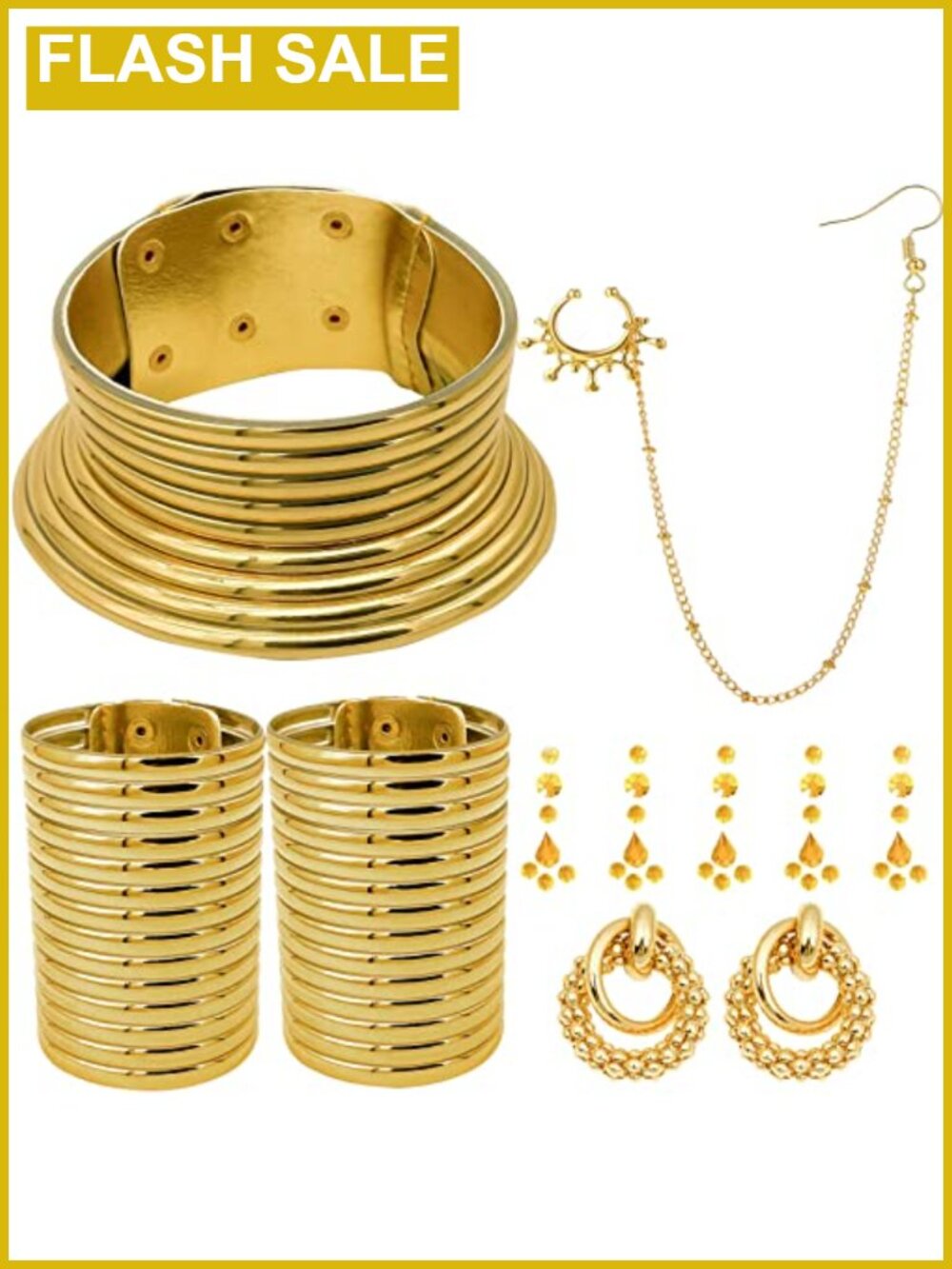 7pc African Gold Jewelry Set Choker Necklace Earrings Bracelet Nose Hoop